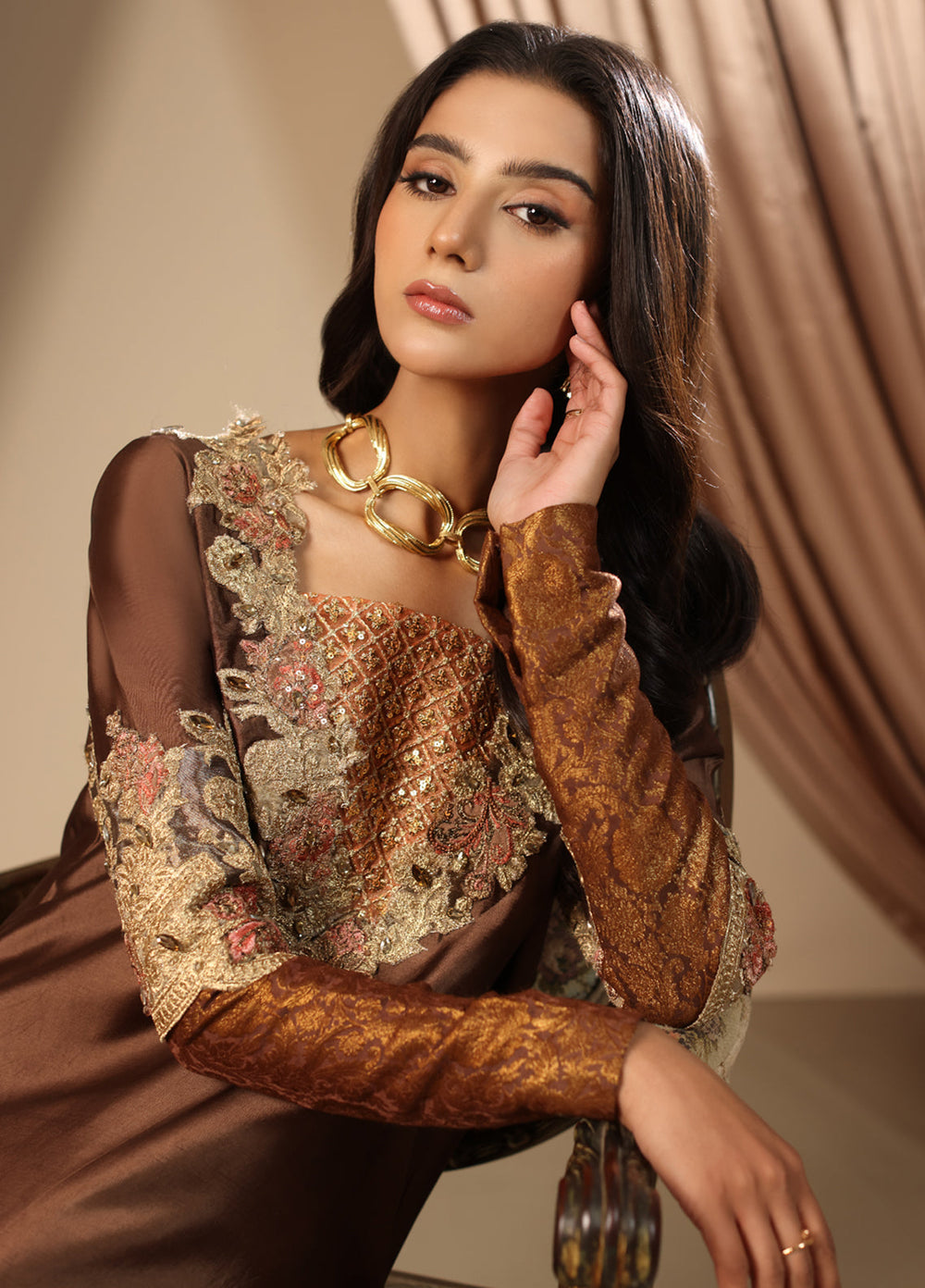 Musferah Saad Pret Embroidered Tissue Silk Kaftan Mocha Romance