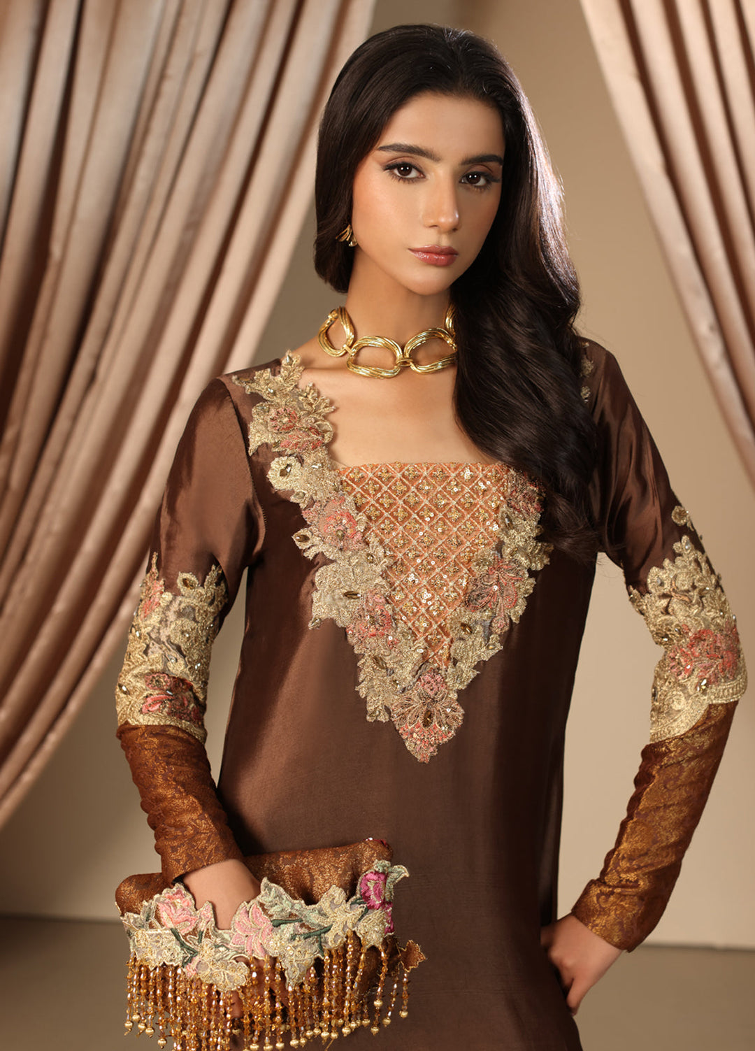 Musferah Saad Pret Embroidered Tissue Silk Kaftan Mocha Romance