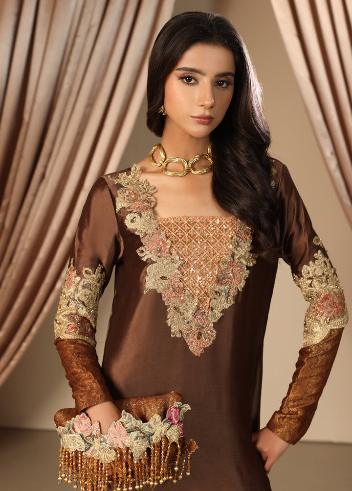 Musferah Saad Pret Embroidered Tissue Silk Kaftan Mocha Romance