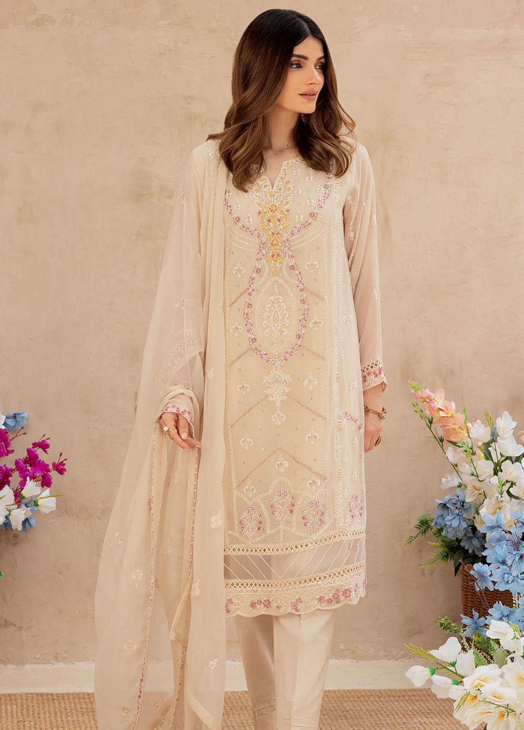 Shamooz Embroidered Casual Chiffon 3 Piece Suit SEM-0512 Light beige