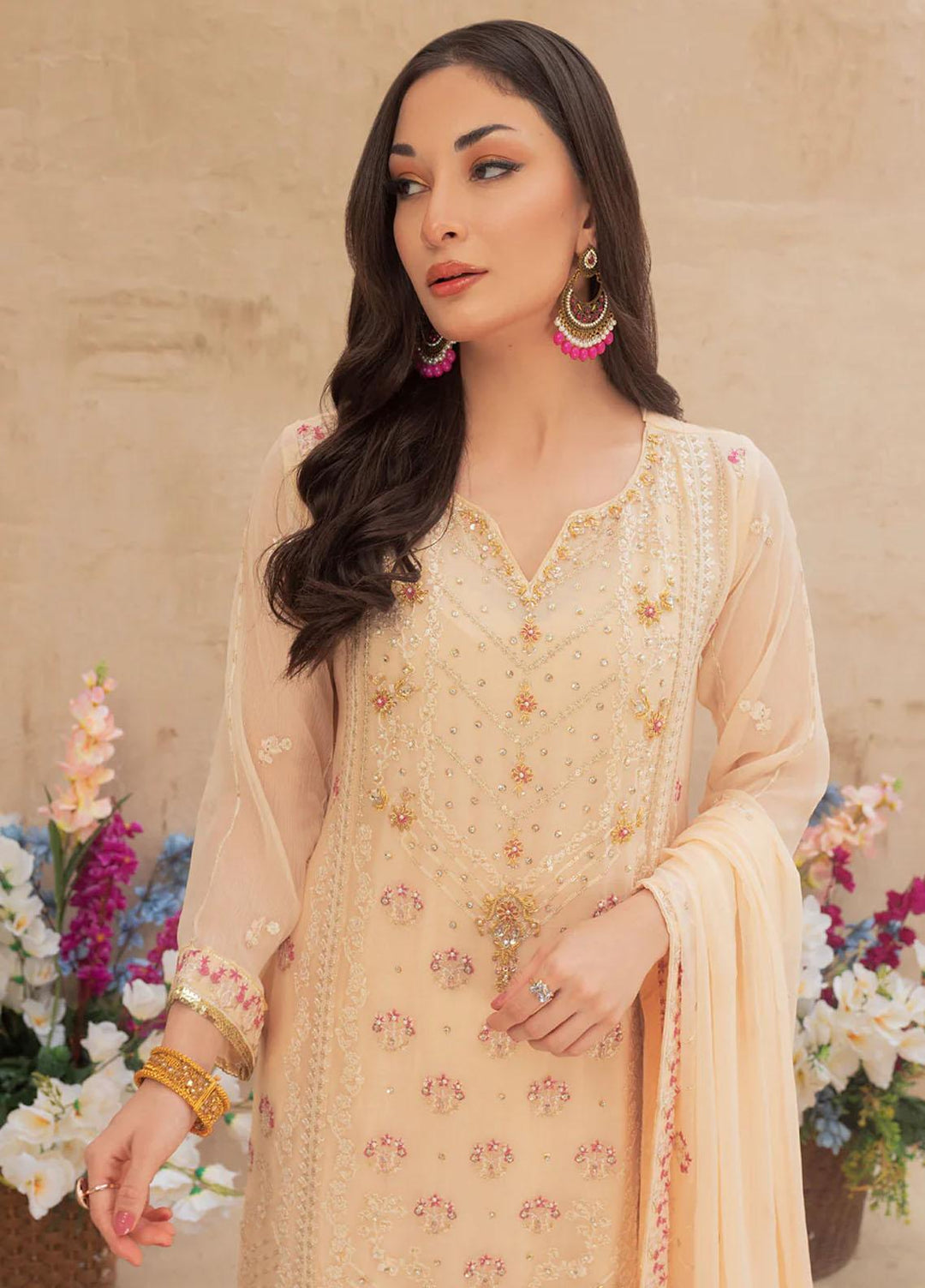 Shamooz Embroidered Casual Chiffon 3 Piece Suit SEM-0513 Light Peach
