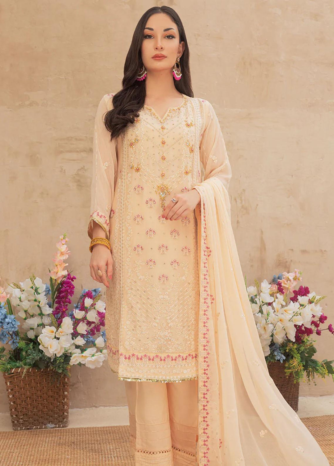 Shamooz Embroidered Casual Chiffon 3 Piece Suit SEM-0513 Light Peach