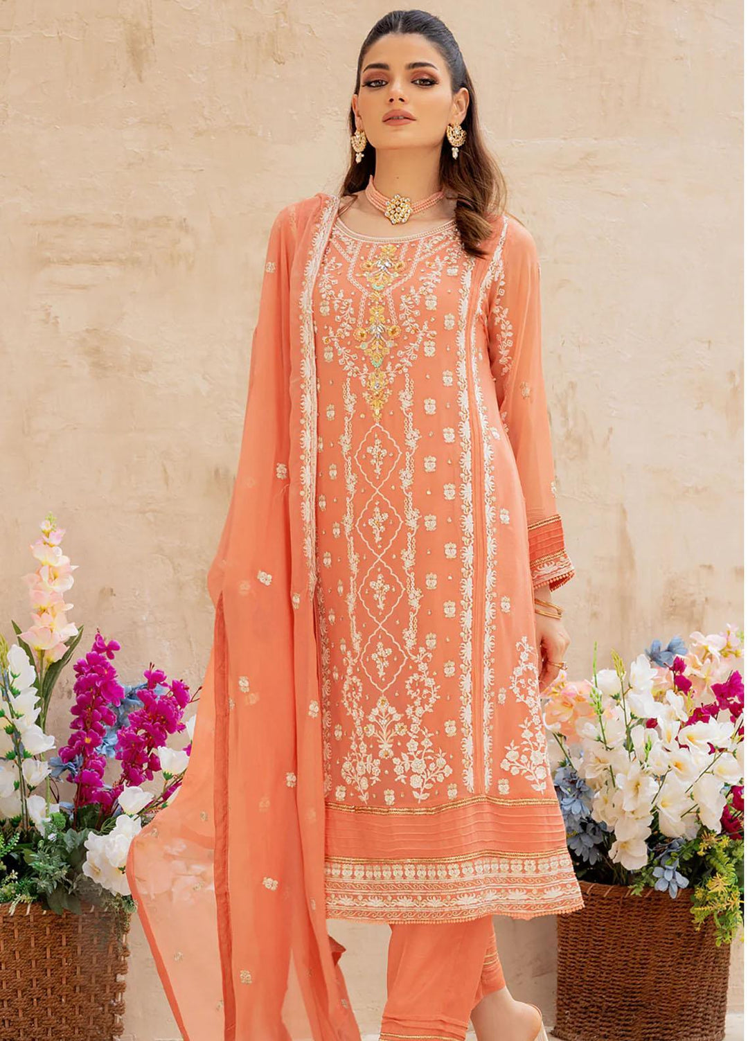 Shamooz Embroidered Casual Chiffon 3 Piece Suit SEM-0514 Dark Peach
