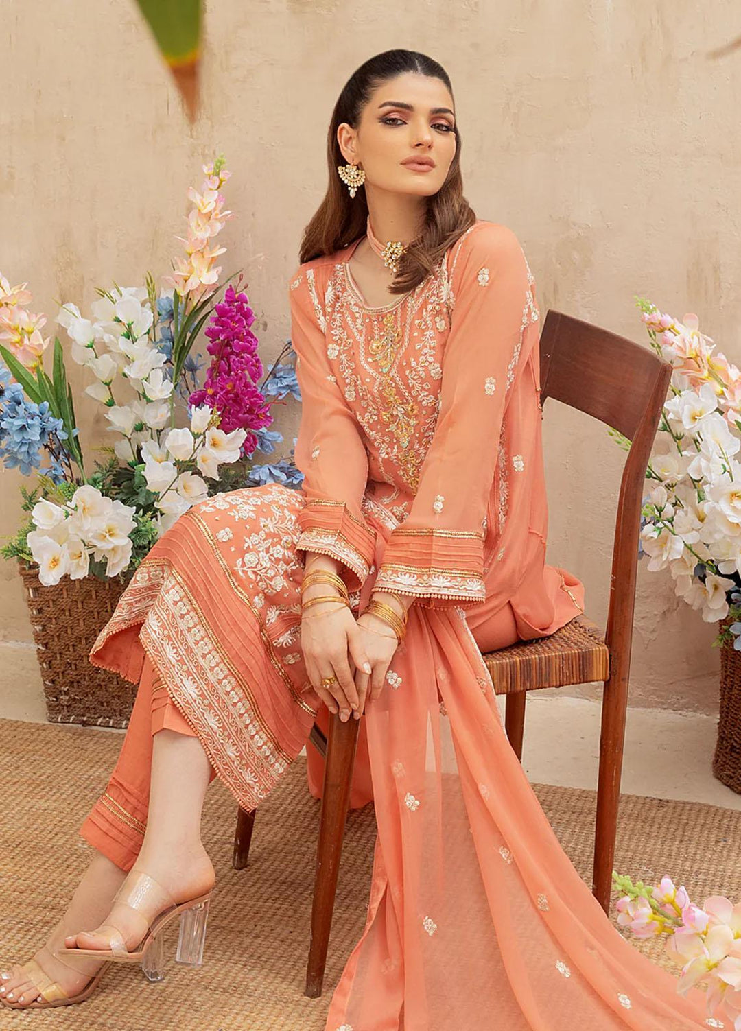 Shamooz Embroidered Casual Chiffon 3 Piece Suit SEM-0514 Dark Peach