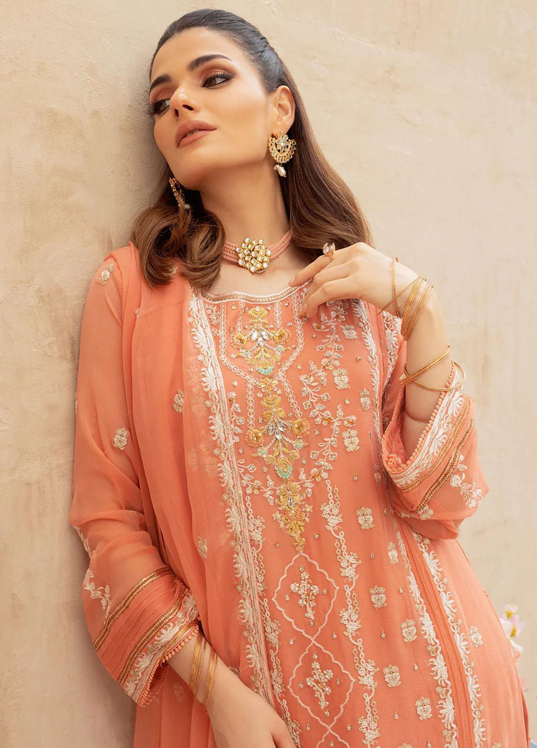 Shamooz Embroidered Casual Chiffon 3 Piece Suit SEM-0514 Dark Peach