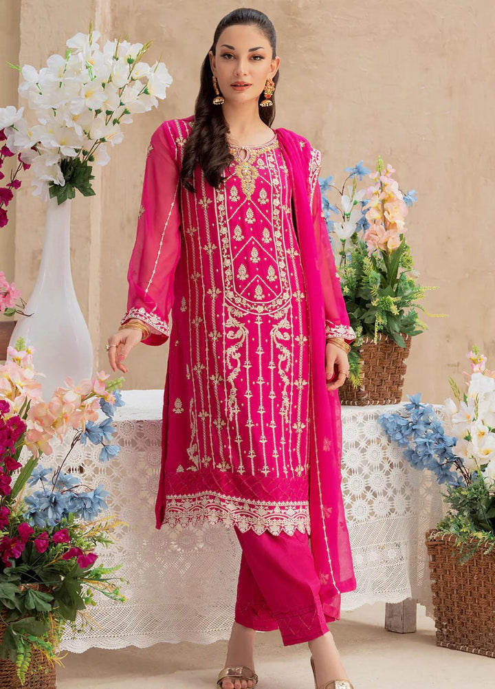 Shamooz Embroidered Casual Chiffon 3 Piece Suit SEM-0515 Hot Pink
