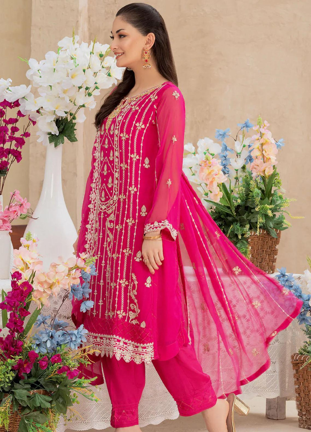 Shamooz Embroidered Casual Chiffon 3 Piece Suit SEM-0515 Hot Pink