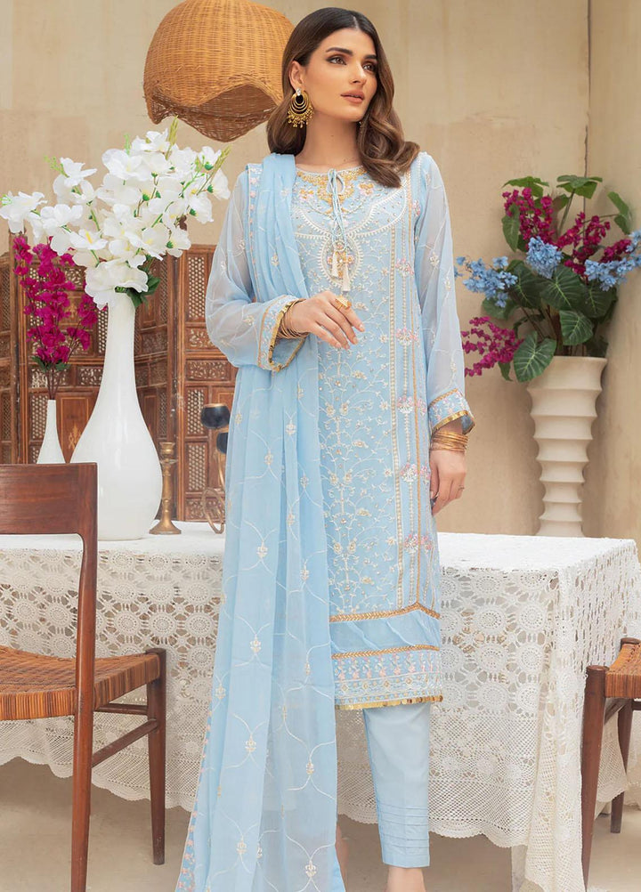 Shamooz Embroidered Casual Chiffon 3 Piece Suit SEM-0516 Light Blue