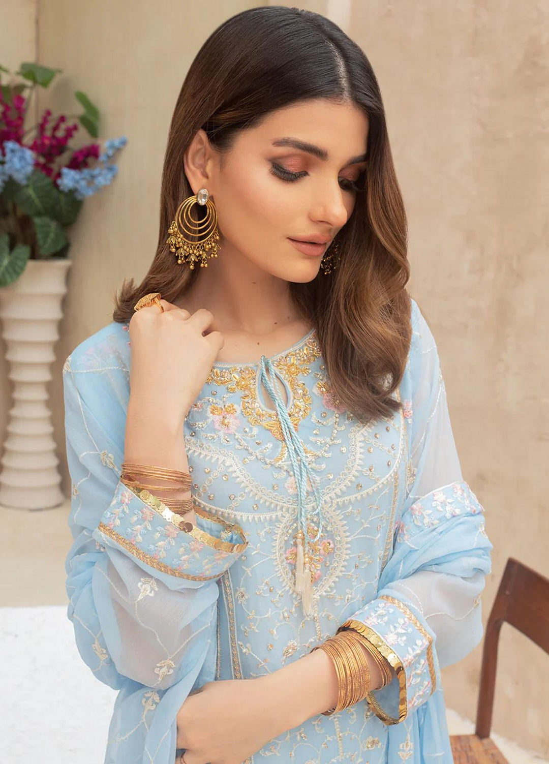 Shamooz Embroidered Casual Chiffon 3 Piece Suit SEM-0516 Light Blue