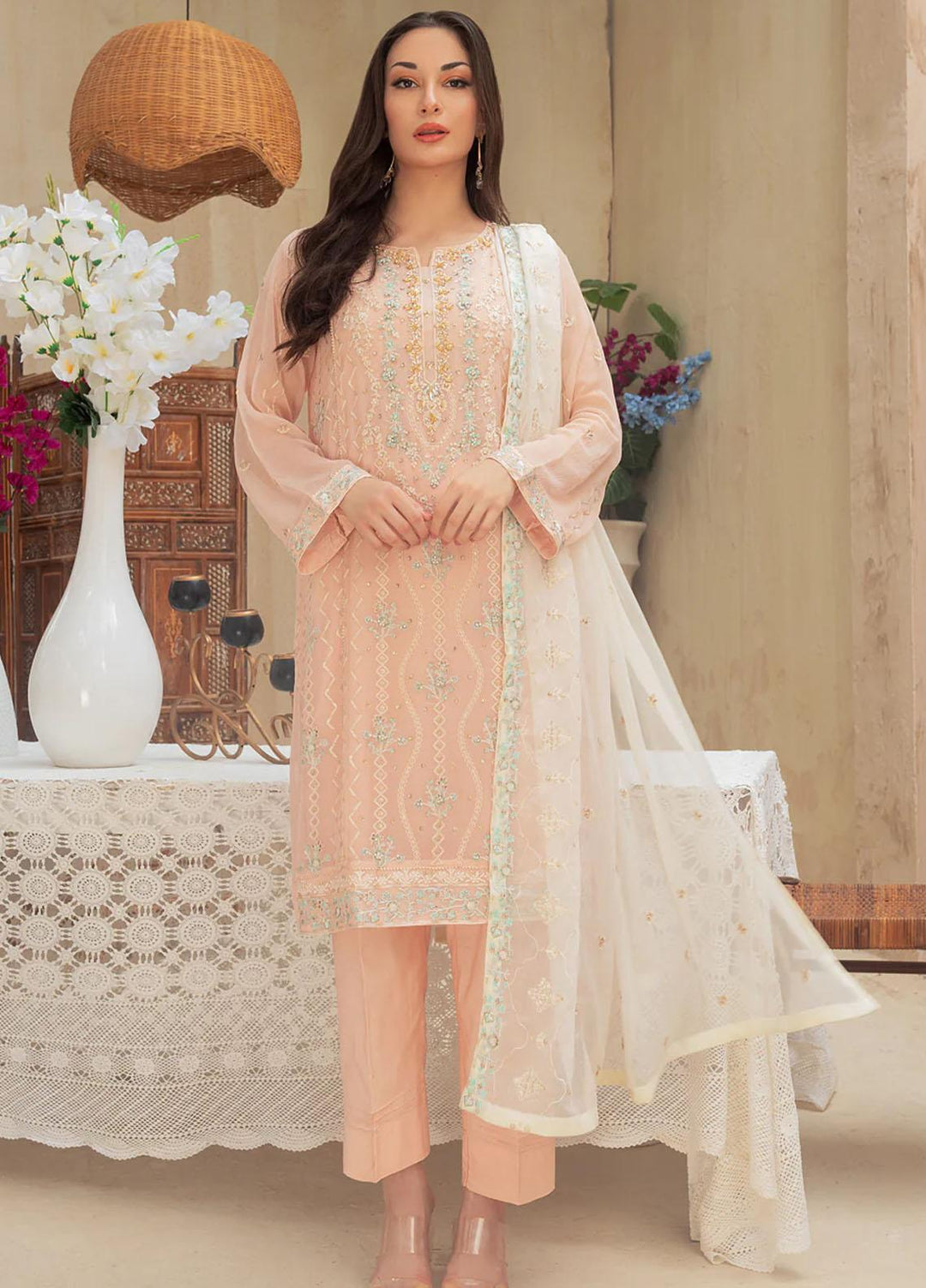 Shamooz Embroidered Casual Chiffon 3 Piece Suit SEM-0520 Light Pink