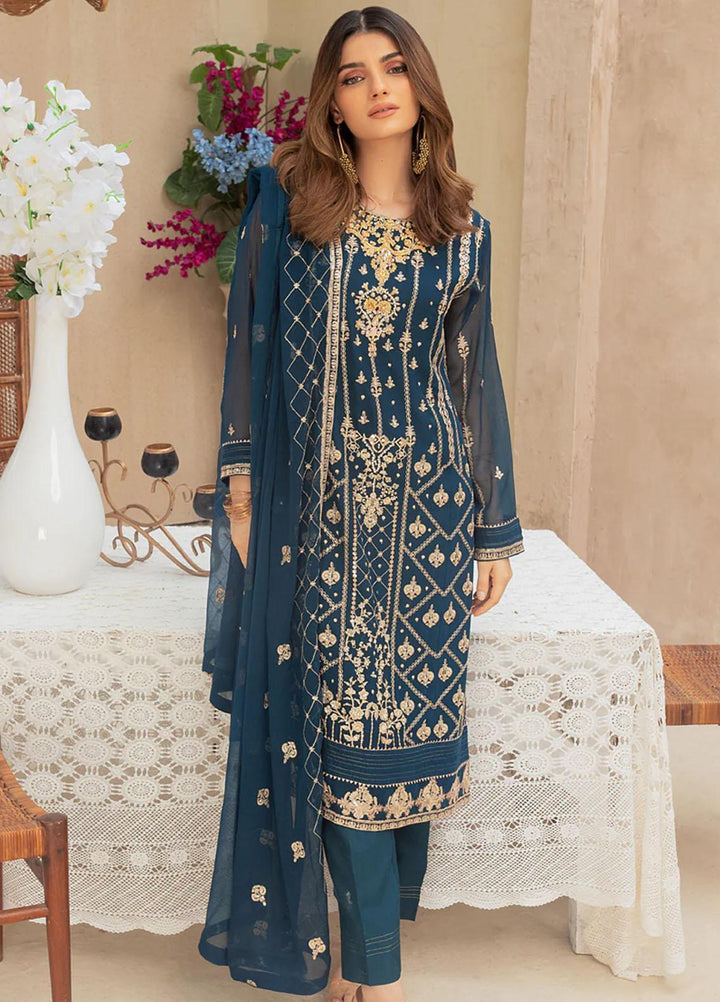 Shamooz Embroidered Casual Chiffon 3 Piece Suit SEM-0521 Dark Blue