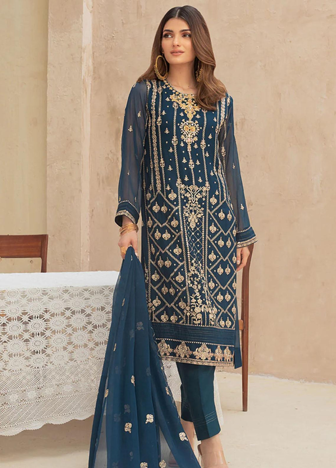 Shamooz Embroidered Casual Chiffon 3 Piece Suit SEM-0521 Dark Blue