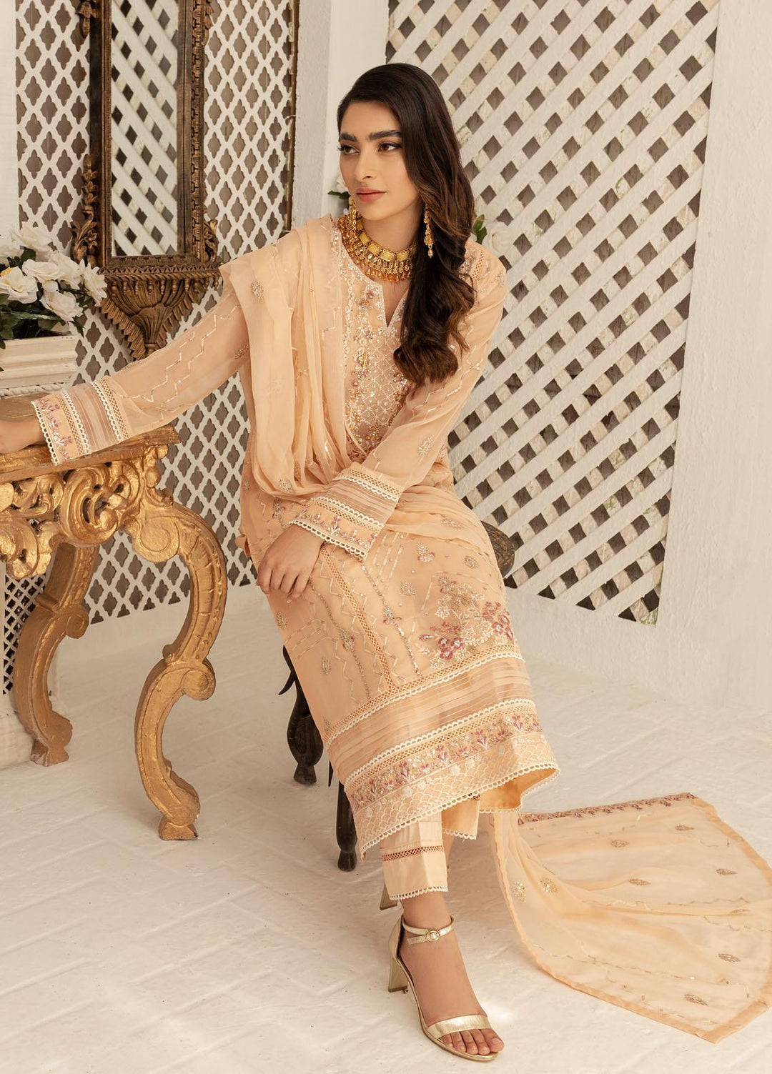 Shamooz Luxury Pret  Chiffon 3 Piece Suit Mist Peach SEM-0412
