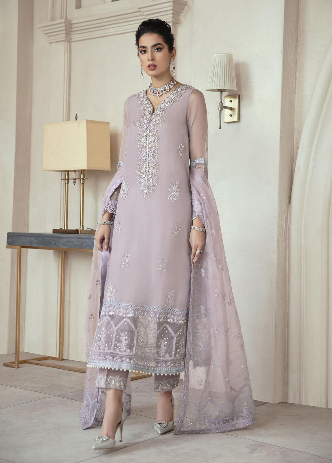 Mushq Luxury Pret  Organza Shirt CRYSTAL PEARL