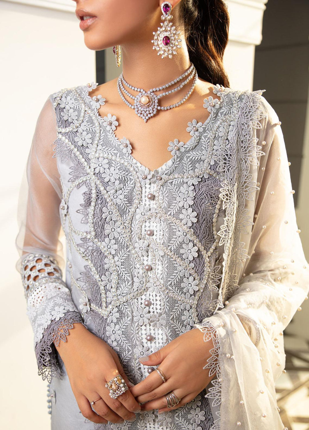 Mushq Luxury Pret Embroidered Organza Shirt Snowflake