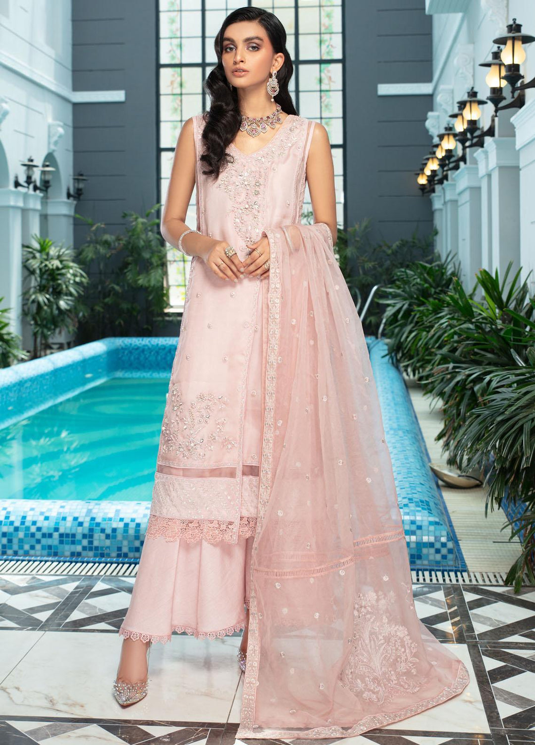 Mushq Luxury Pret Embroidered Organza Shirt Morganite