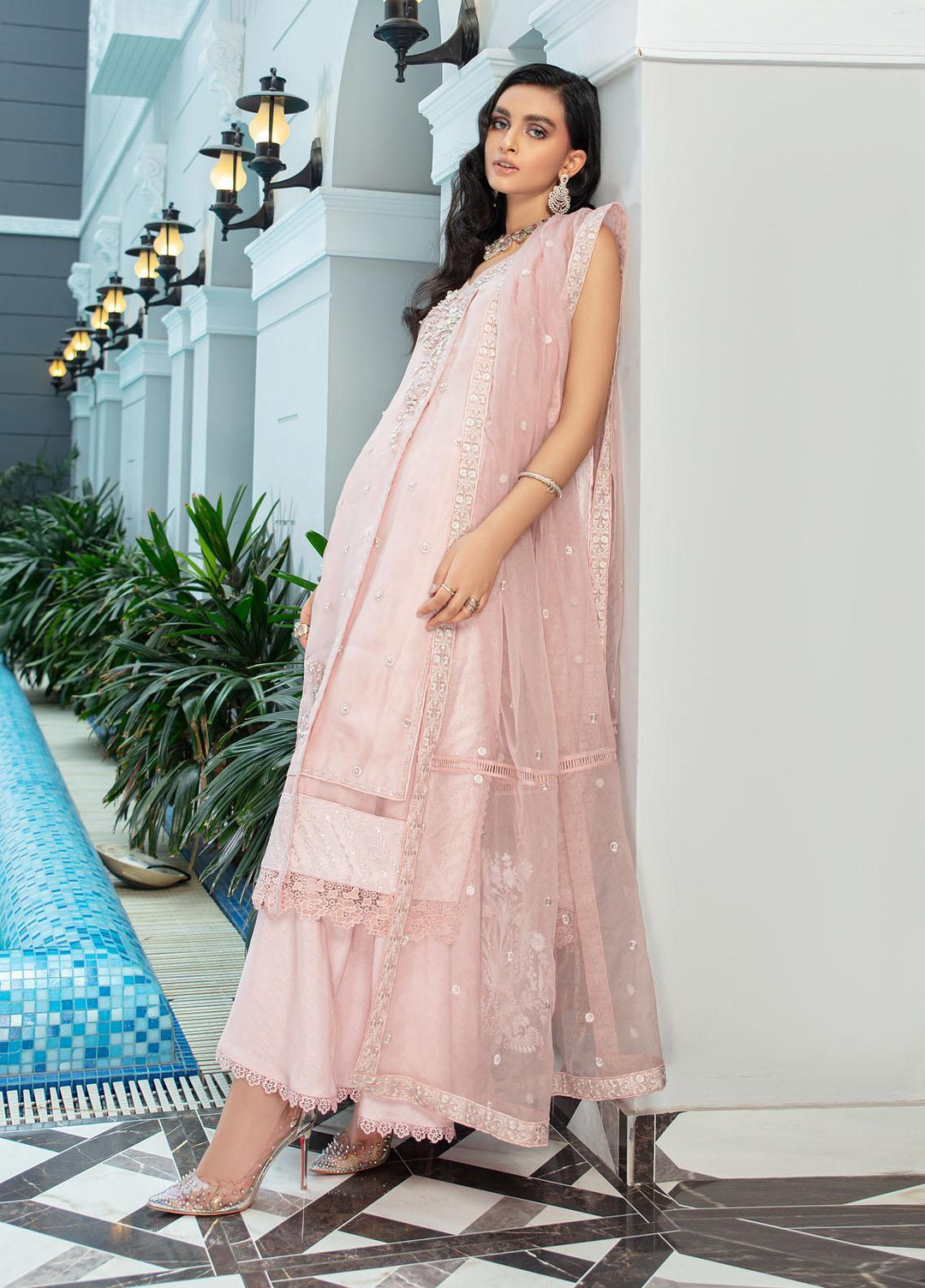 Mushq Luxury Pret Embroidered Organza Shirt Morganite