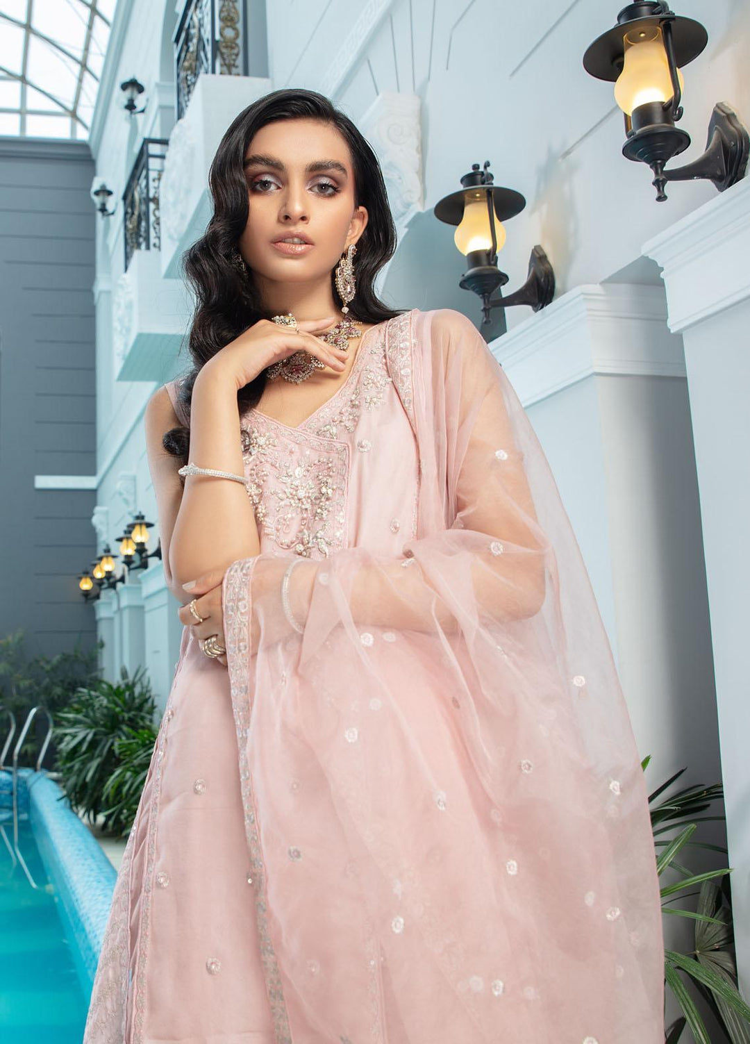 Mushq Luxury Pret Embroidered Organza Shirt Morganite