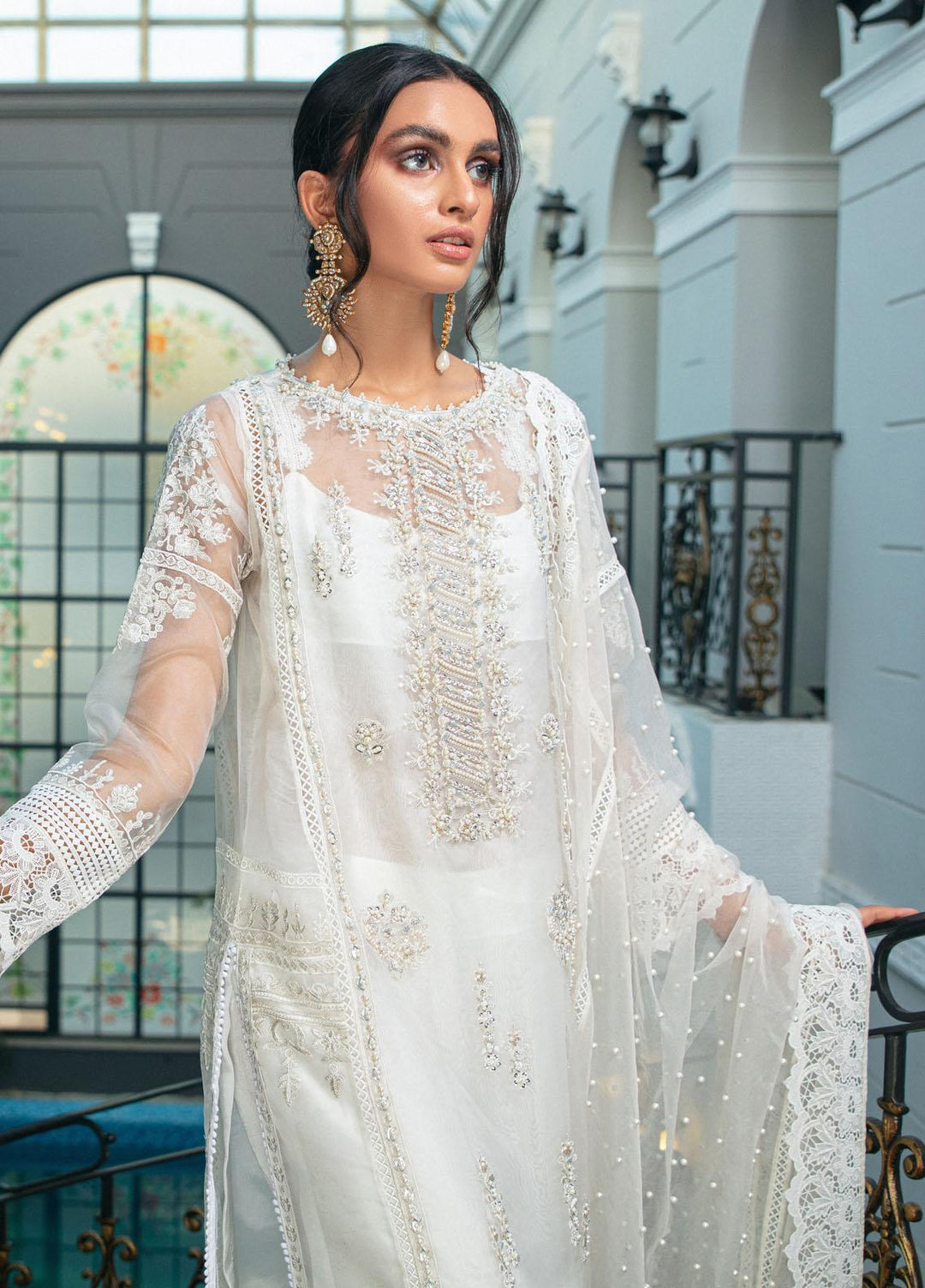 Mushq Luxury Pret Embroidered Organza Shirt Moonstone