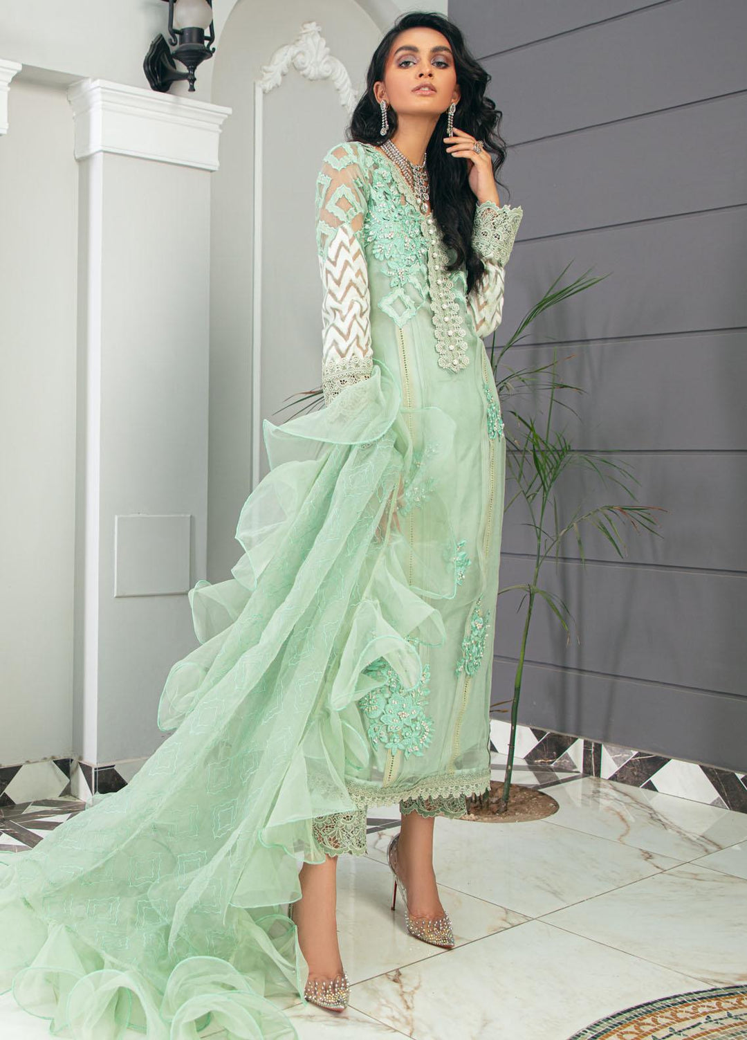 Mushq Luxury Pret Embroidered Organza Shirt Chalcedony