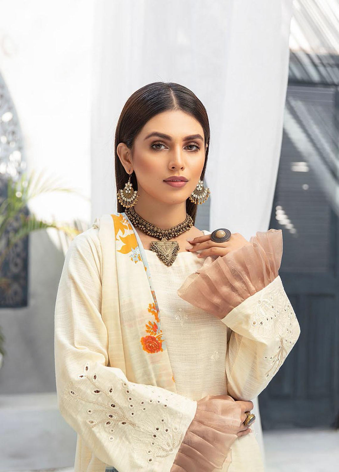 Muskaan by Riaz Arts Embroidered Leather Peach Suits Unstitched 3 Piece RA21MK D-02 - Winter Collection