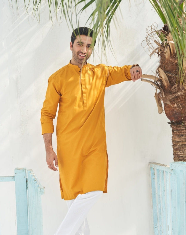 Muraqsh Ready To Wear Solids  Men Mustard Cotton Kurta Trouser MURCKWT-KUR - Summer Collection