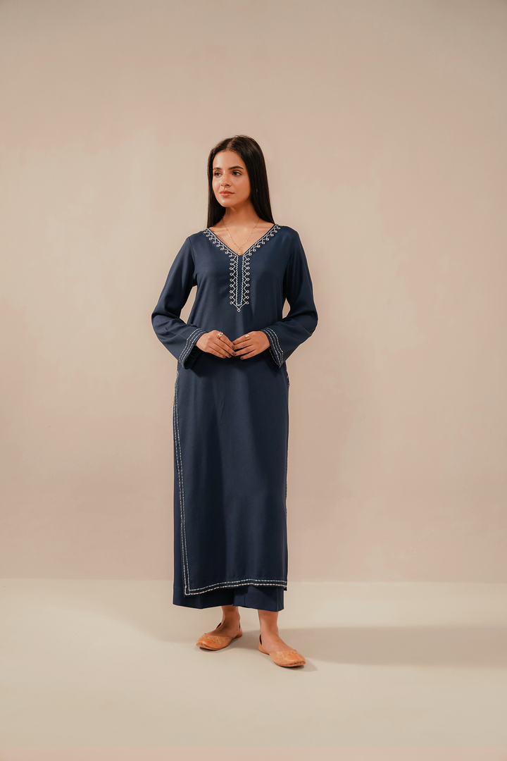 Divinely Crafted Pret Embroidered Silk Karandi 2 Piece Indigo