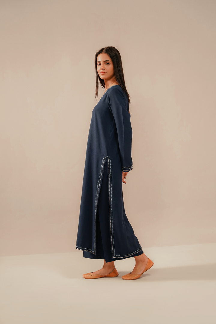 Divinely Crafted Pret Embroidered Silk Karandi 2 Piece Indigo
