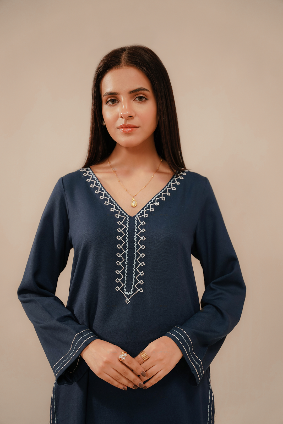 Divinely Crafted Pret Embroidered Silk Karandi 2 Piece Indigo