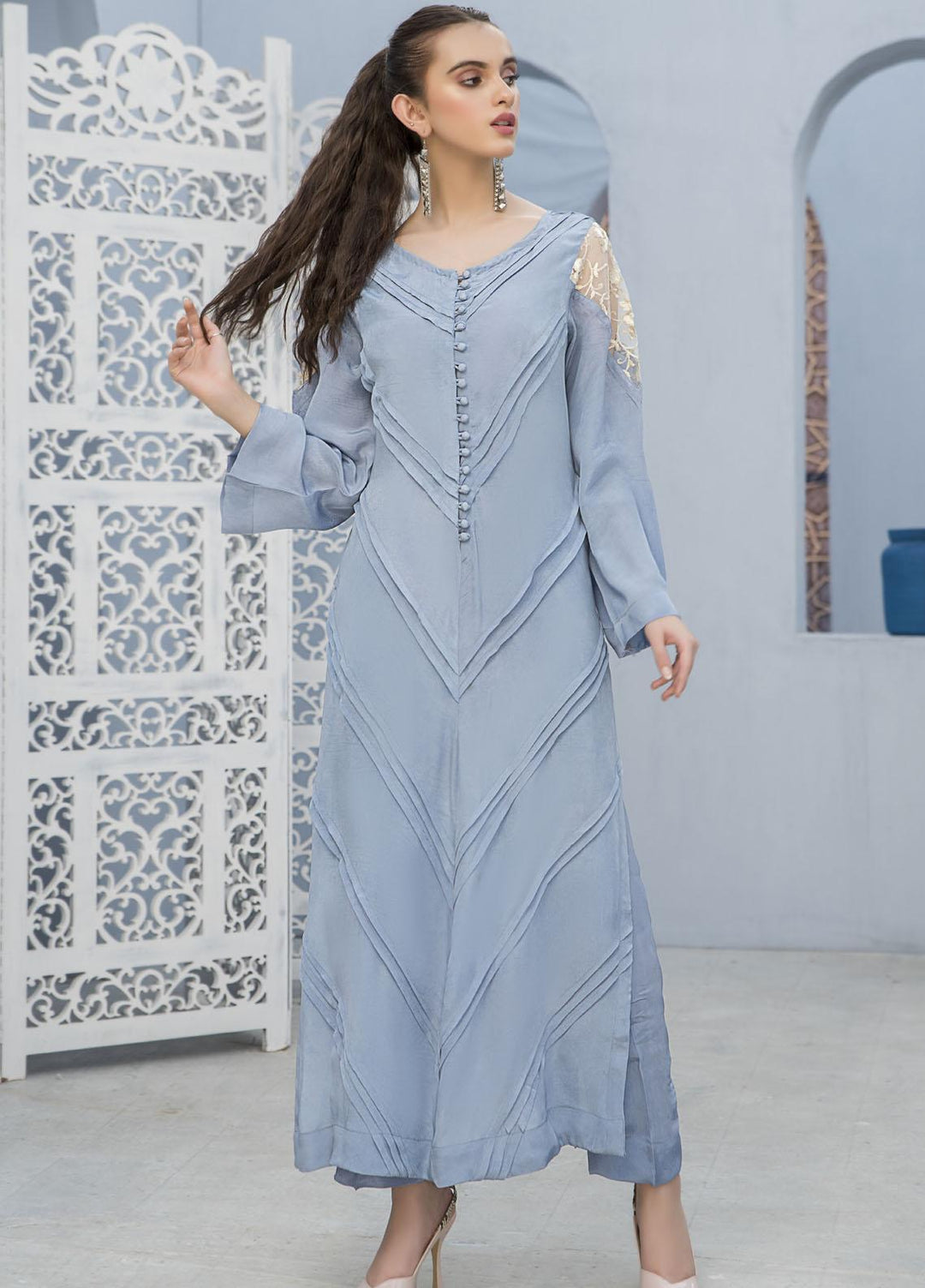 Naayas Luxury Pret  Silk Shirt Seablue