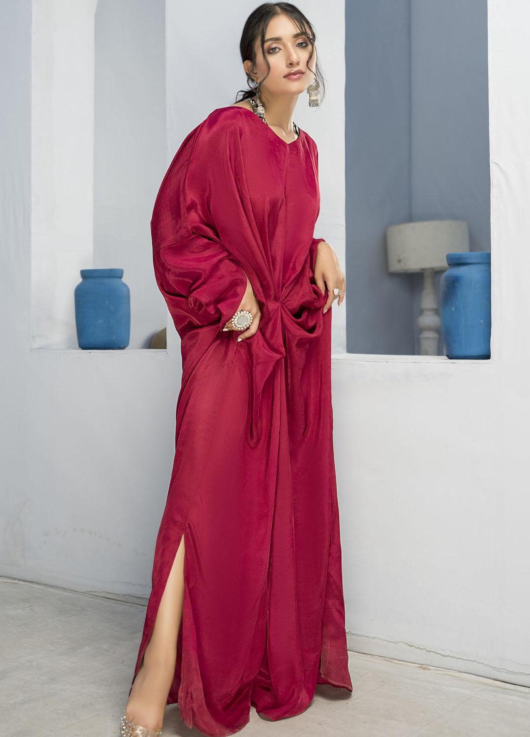 Naayas Luxury Pret  Silk Kaftan Rosy red