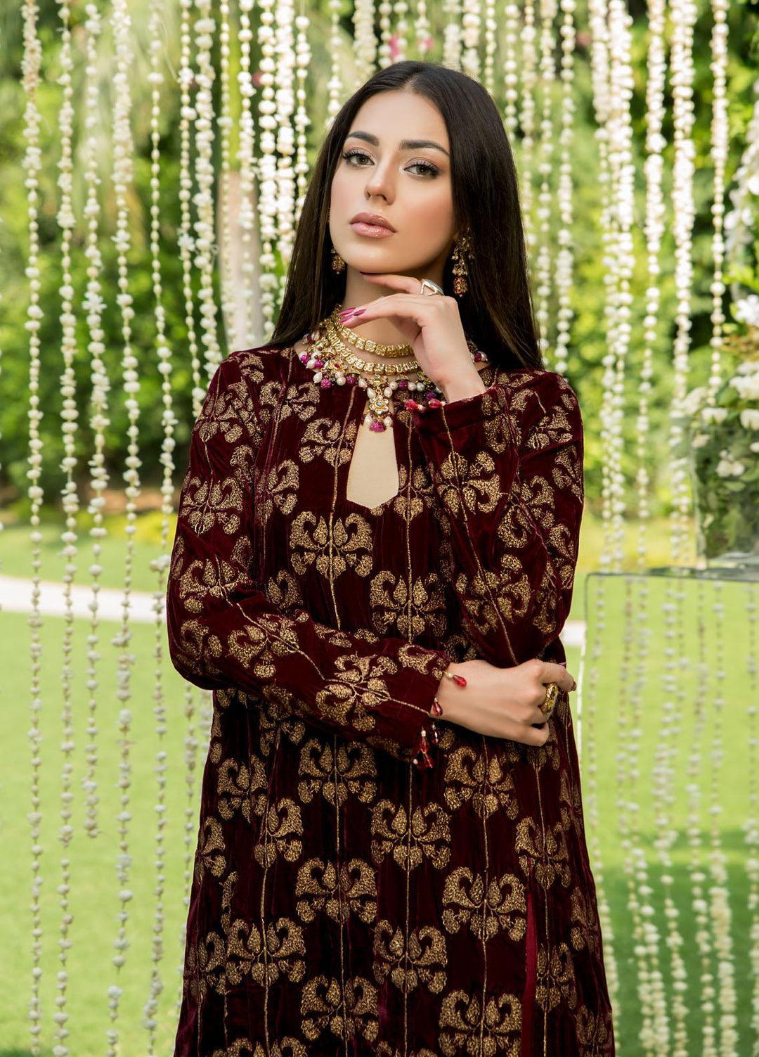 Naayas Luxury Pret  Velvet 2 Piece Dress NA22ELV Maroon Luxe