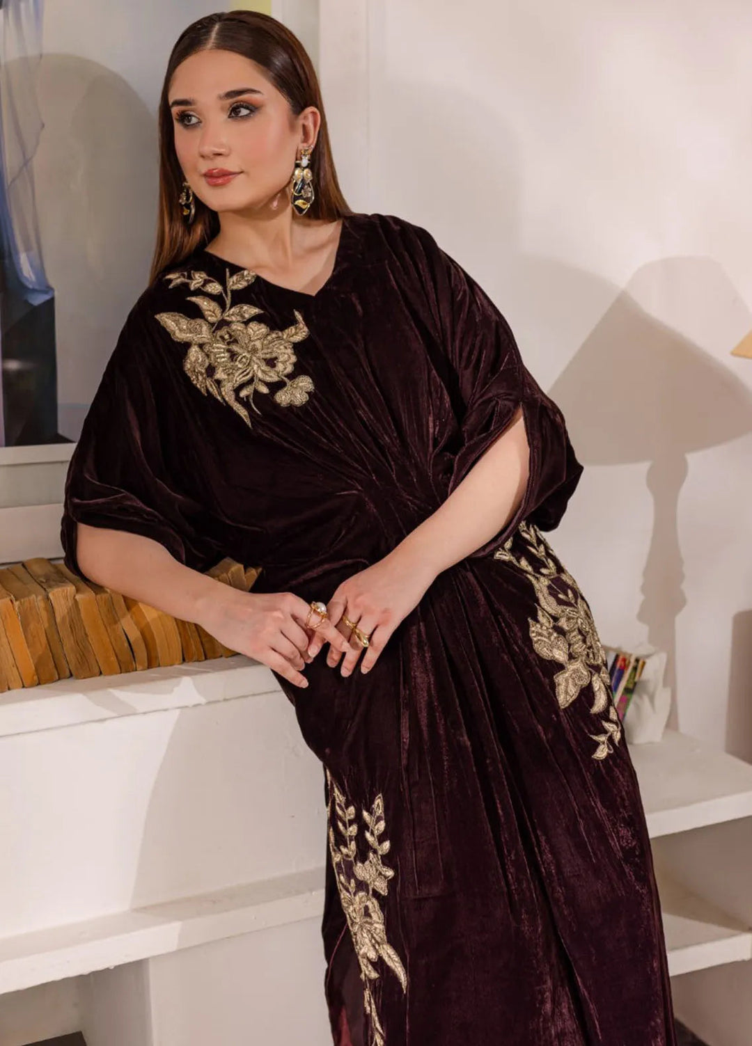 Naayas Luxury Pret Embroidered Velvet Kaftan Chocolate Moose