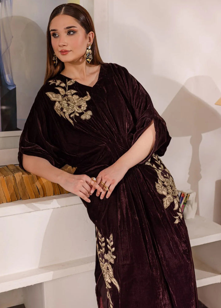 Naayas Luxury Pret Embroidered Velvet Kaftan Chocolate Moose
