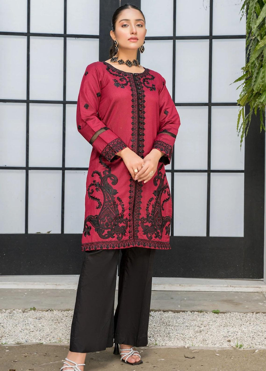 Naayas Luxury Pret  Cotton Net Shirt Maroon Red