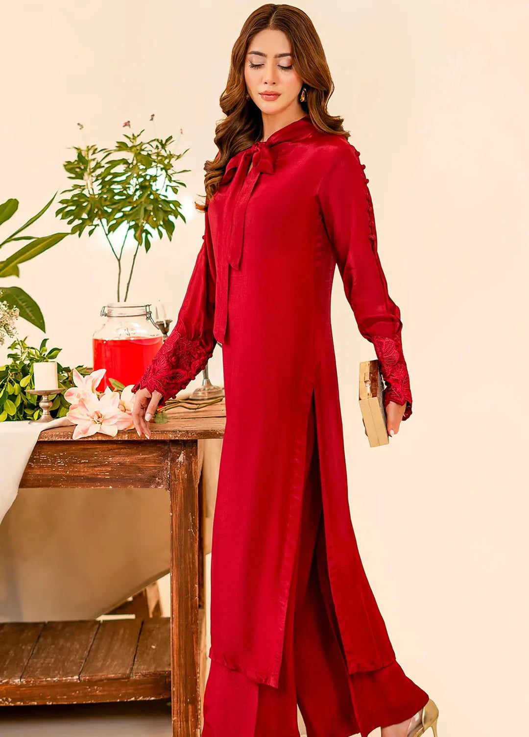 Naayas Pret Embroidered Silk 2 Piece Suit Redwine