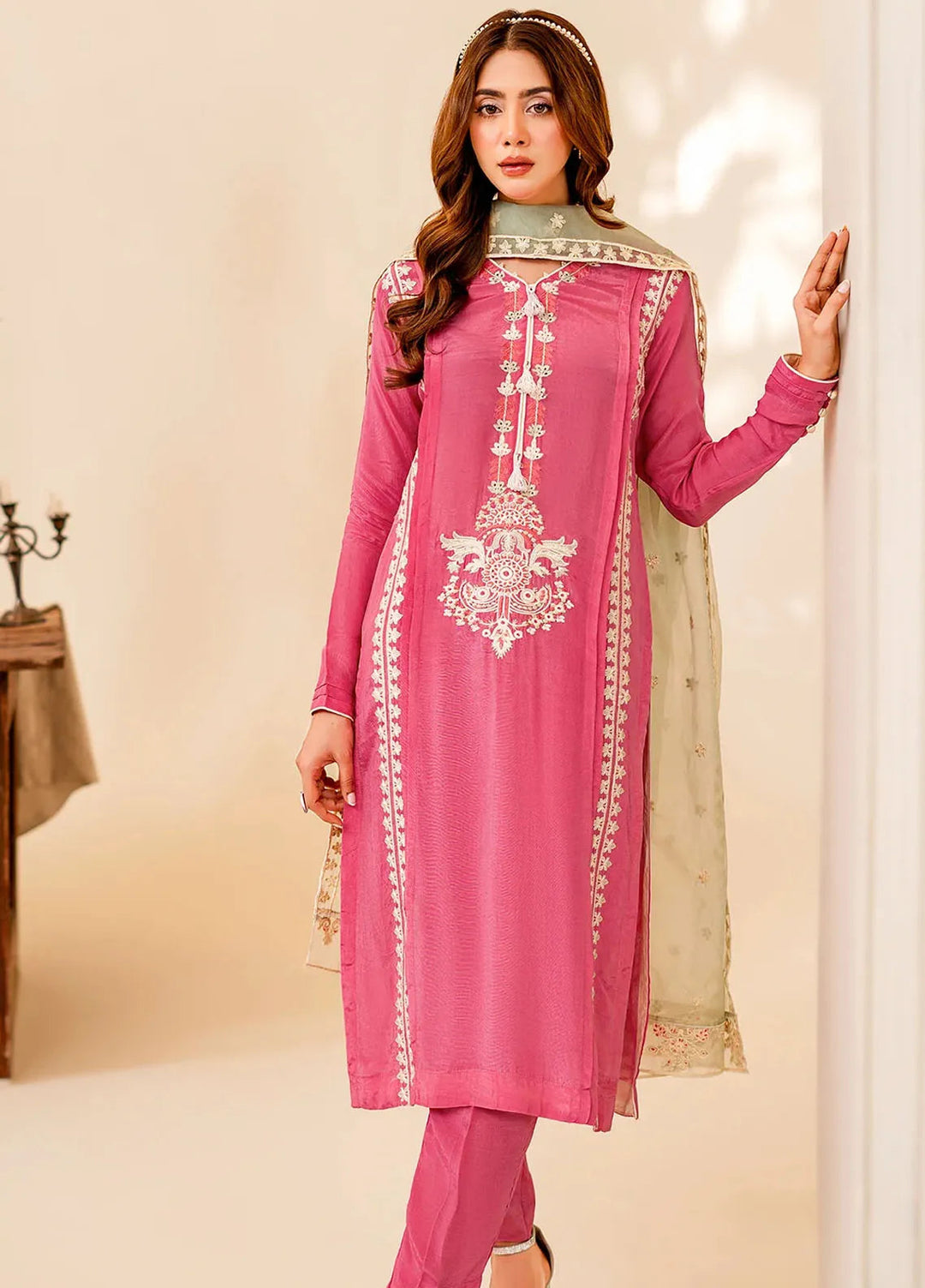 Naayas Pret Embroidered Silk 3 Piece Suit Moss Pink