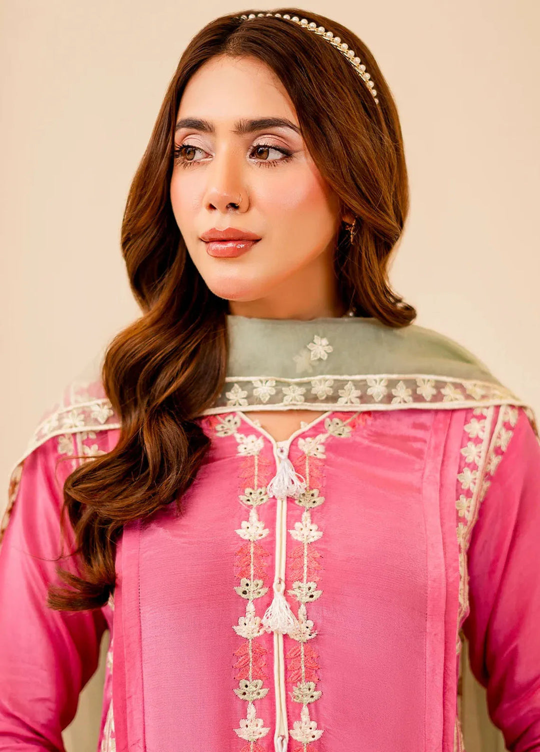 Naayas Pret Embroidered Silk 3 Piece Suit Moss Pink