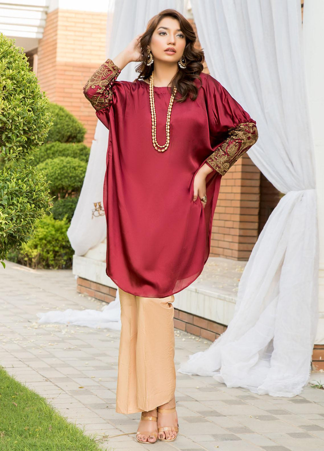 Naayas Luxury Pret  Silk Shirt Moroccan Maroon
