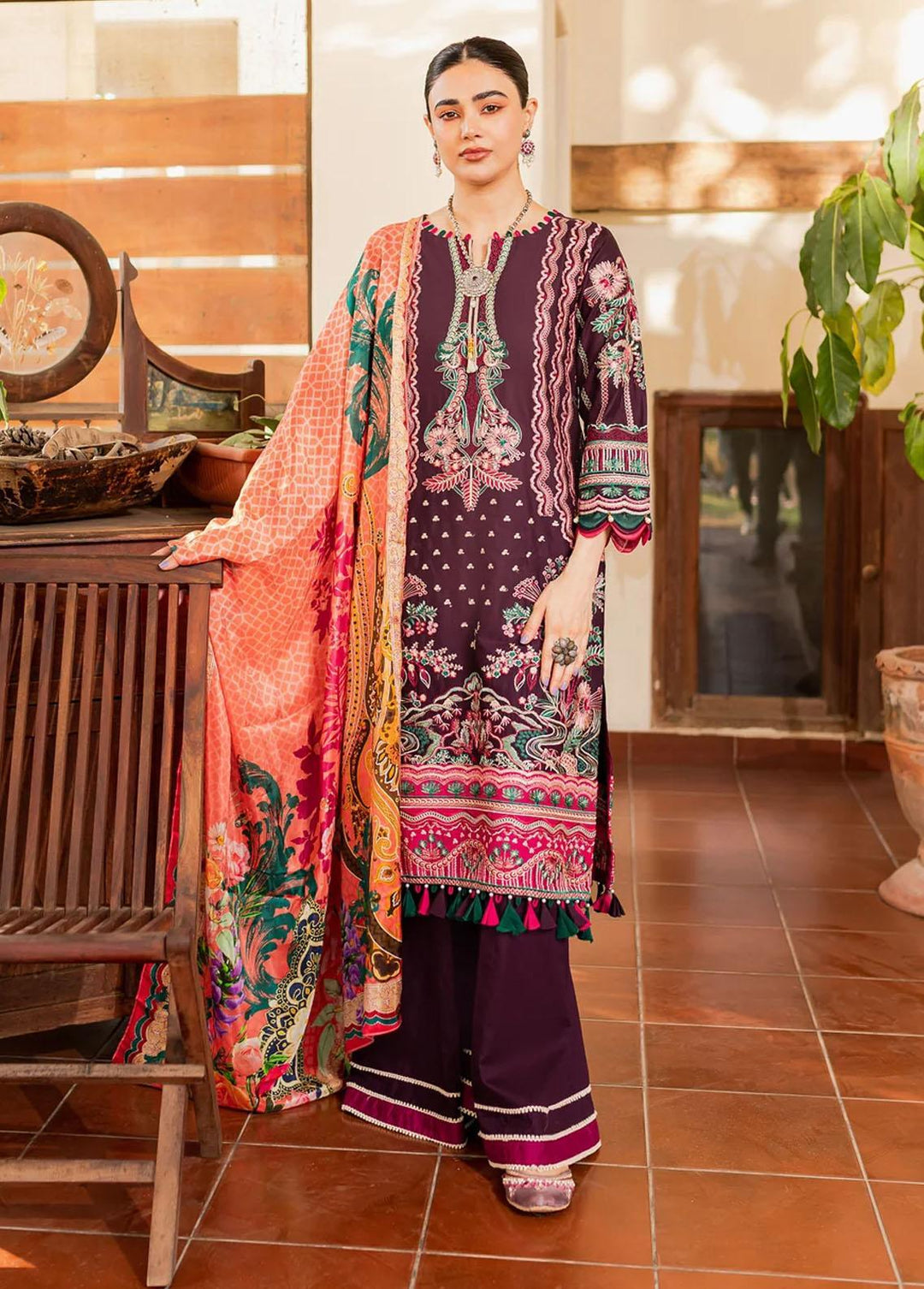 Naayas Embroidered Lawn Suits Unstitched 3 Piece NS23E Marakech Purple - Eid Collection