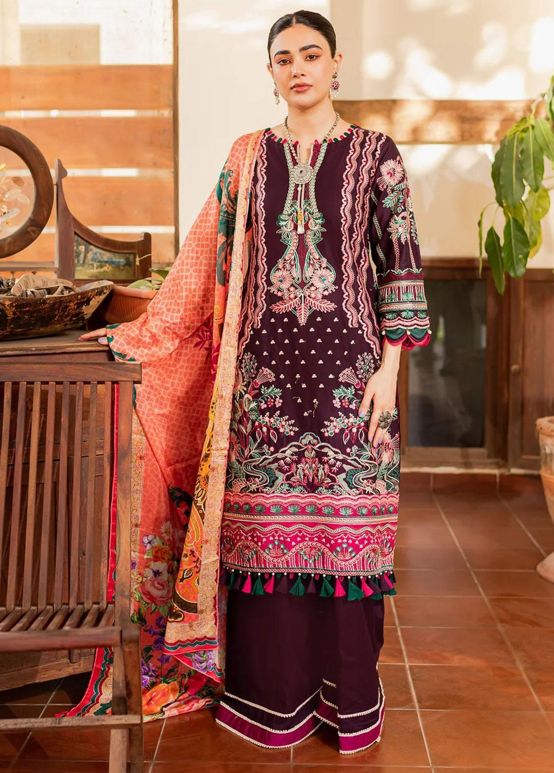 Naayas Embroidered Lawn Suits Unstitched 3 Piece NS23E Marakech Purple - Eid Collection