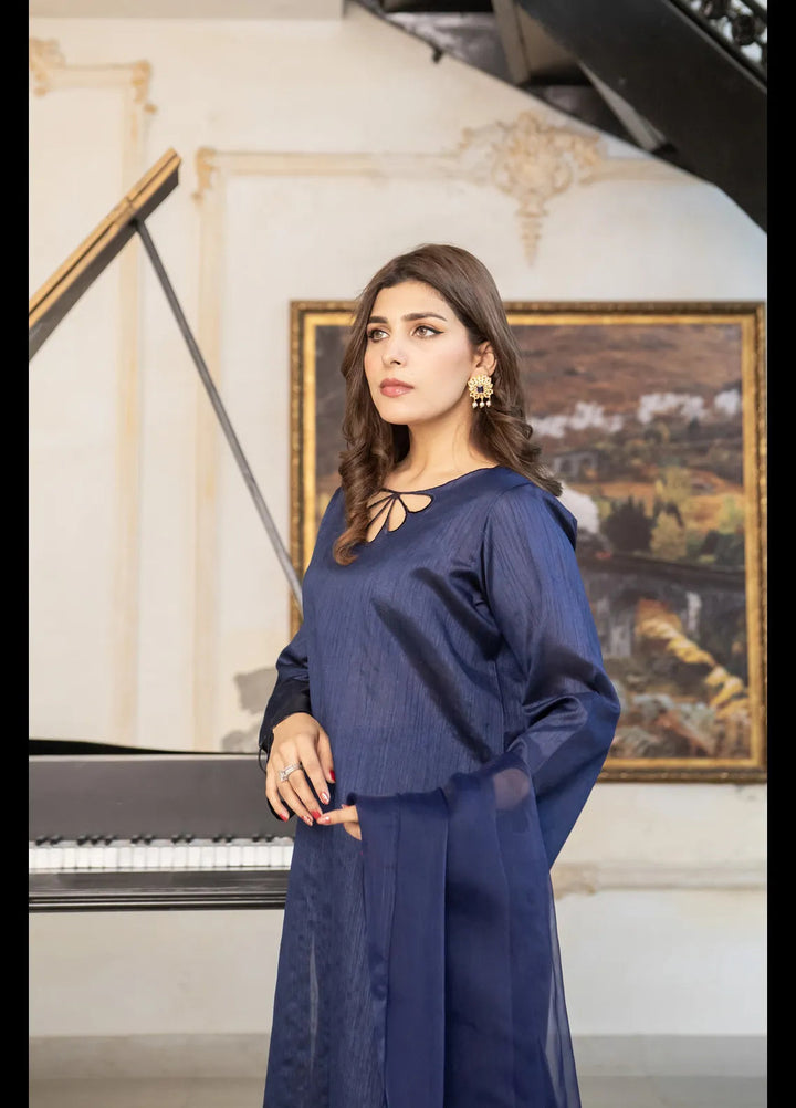 Naaz Couture Embroidered Pret Raw Silk 3 Piece Suit Navy Blue