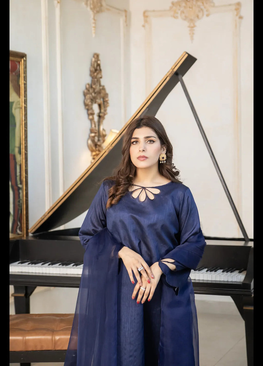 Naaz Couture Embroidered Pret Raw Silk 3 Piece Suit Navy Blue