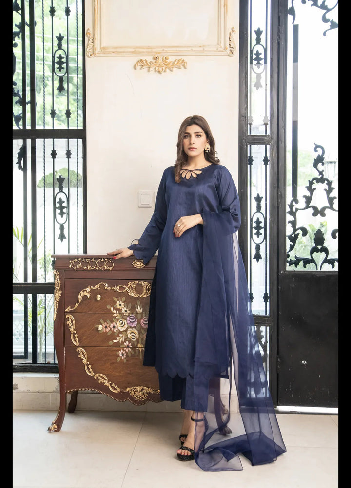 Naaz Couture Embroidered Pret Raw Silk 3 Piece Suit Navy Blue