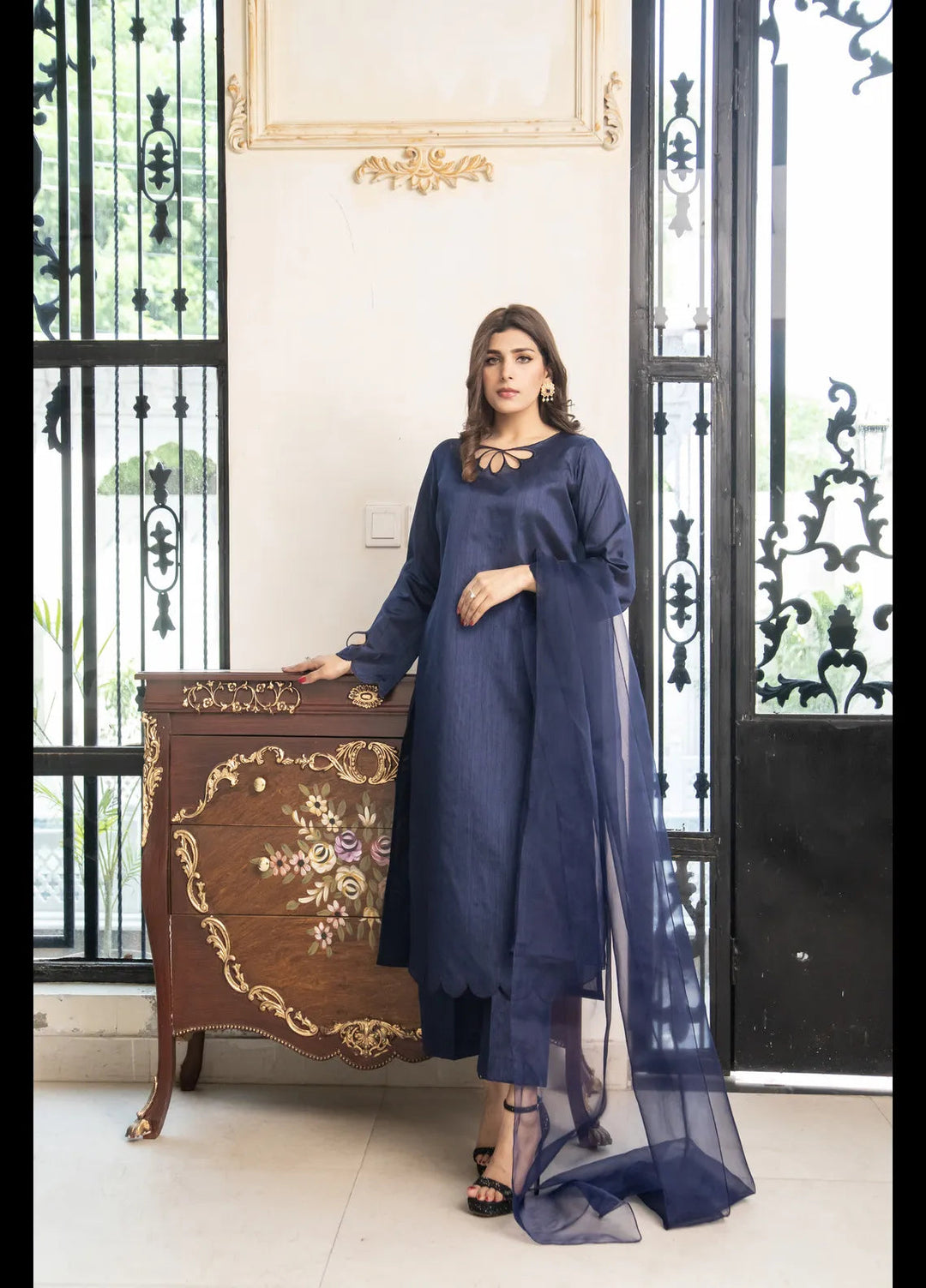 Naaz Couture Embroidered Pret Raw Silk 3 Piece Suit Navy Blue