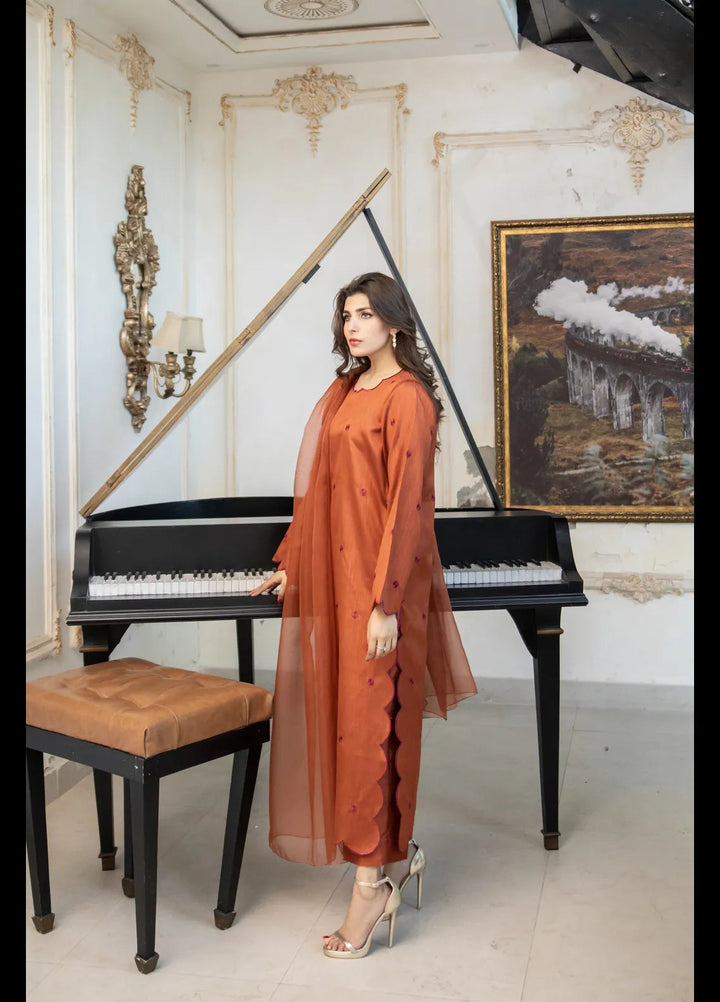 Naaz Couture Embroidered Pret Raw Silk 3 Piece Suit Rust