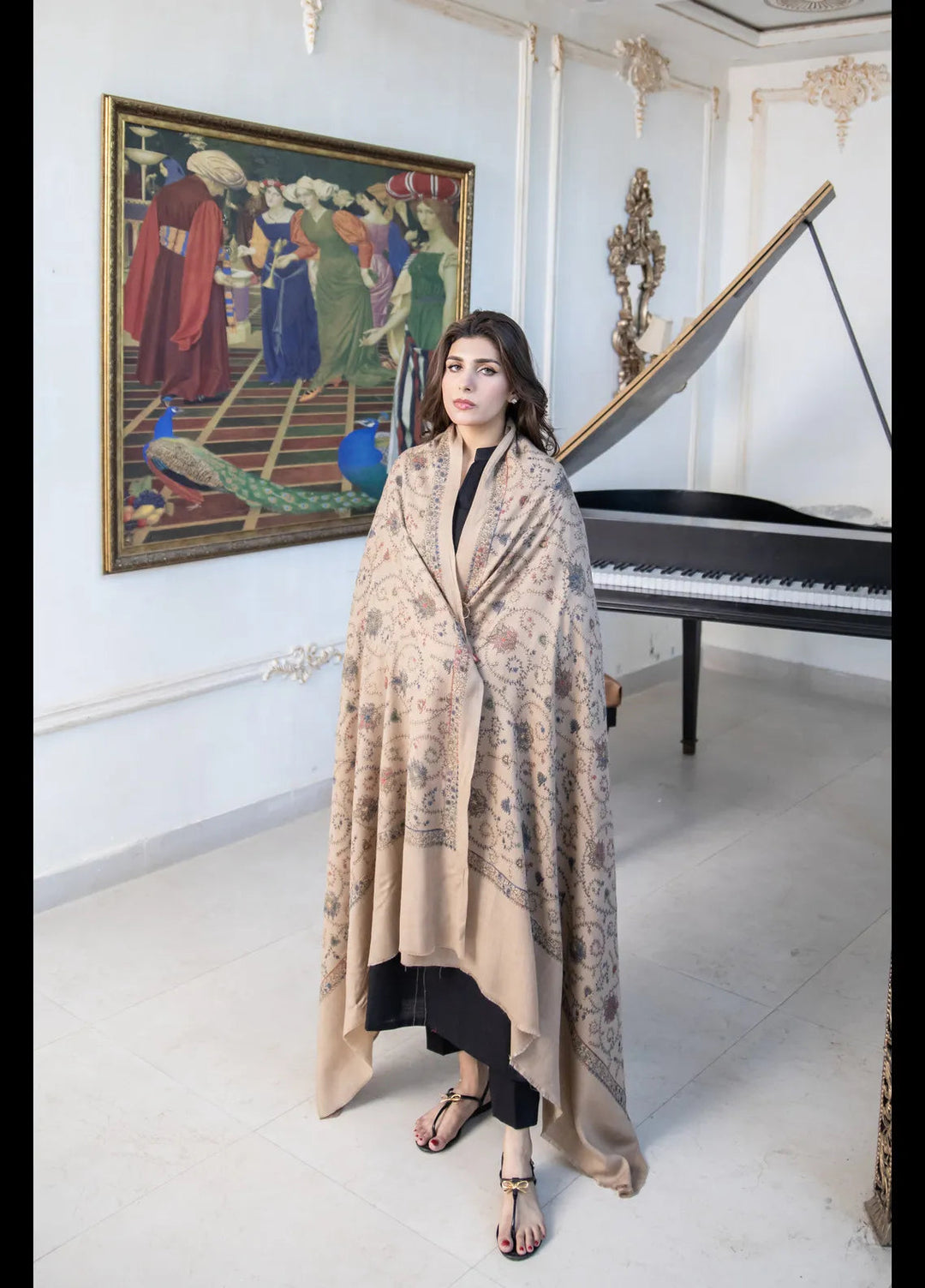 Naaz Couture Embroidered Shawl Beige Pashmina Wool