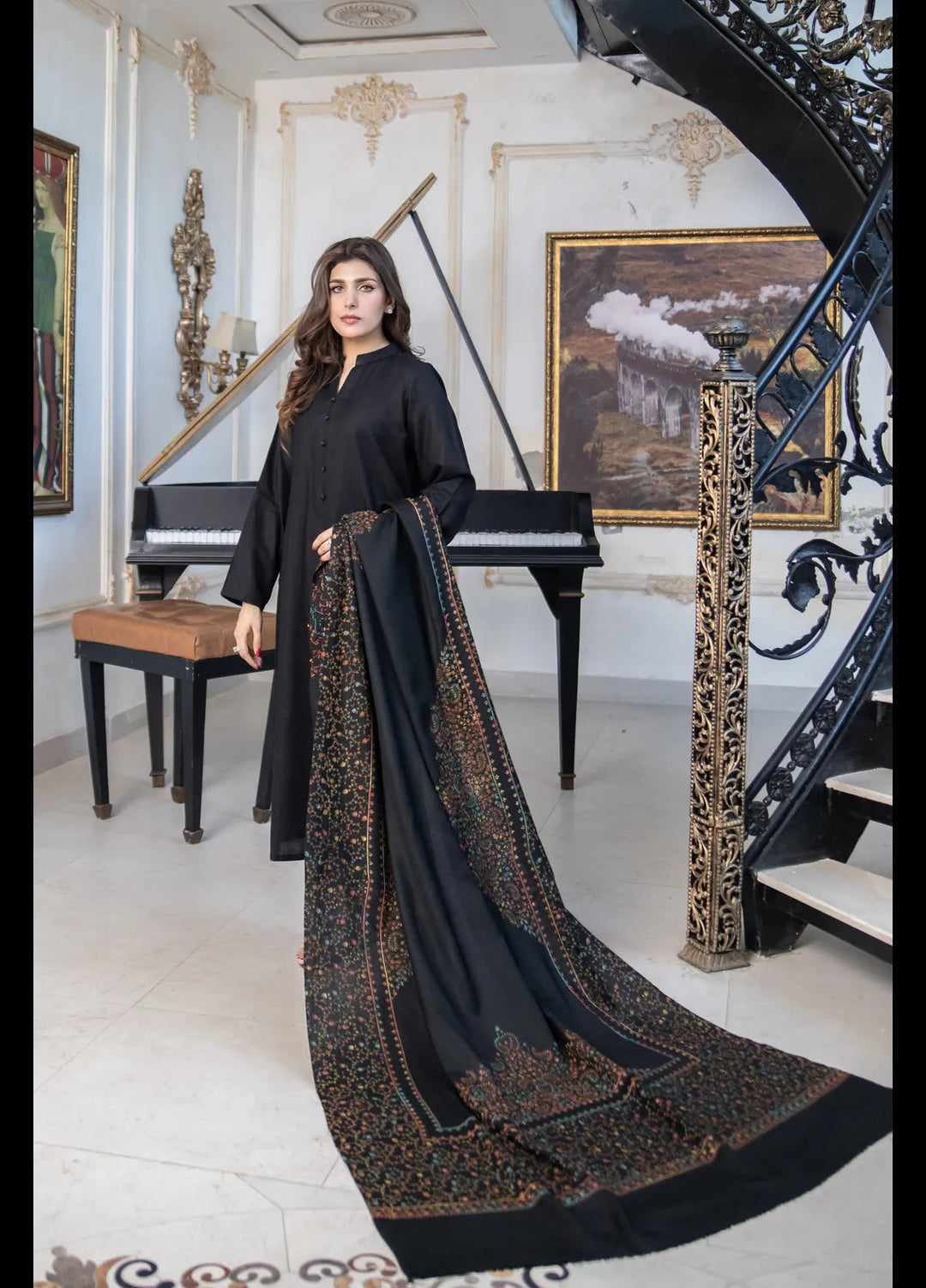 Naaz Couture Embroidered Shawl Black Pashmina Wool