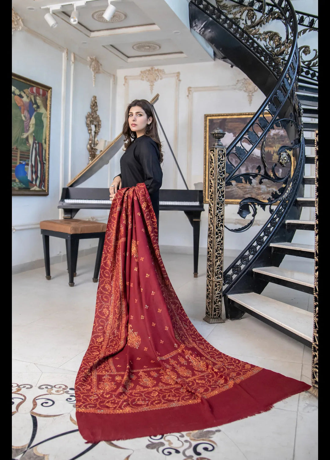 Naaz Couture Embroidered Shawl Maroon Pashmina Wool