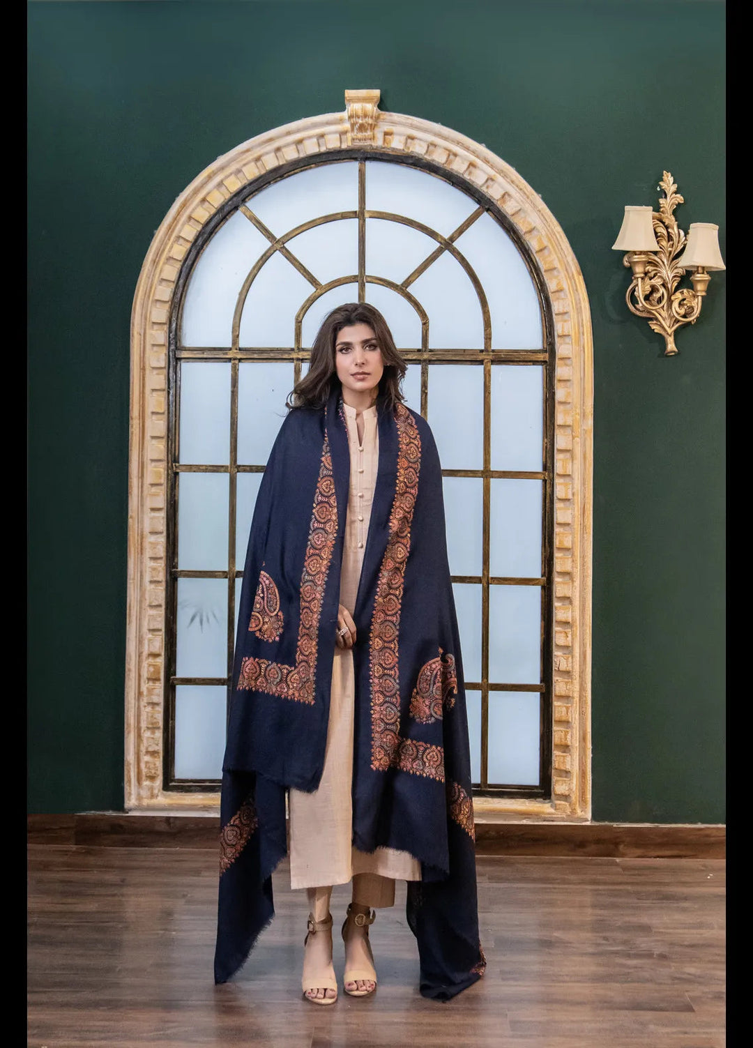Naaz Couture Embroidered Shawl Navy Blue Pashmina Wool Hand